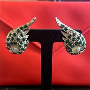Silver and Green Winged Clip on Earrings